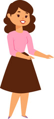 Young smiling woman standing, gesturing with open palms, friendly female character. Casual attire, positive expression, communication concept vector illustration.