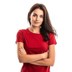 Fototapeta premium Brunette woman wearing simple red t-shirt. Clothing mockup cutout, isolated on transparent background, no background.