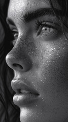 Soulful Radiance: Closeup Black and White Portrait of Woman with Bright Eyes, Freckles, and Emotional Intensity - Detailed Authenticity