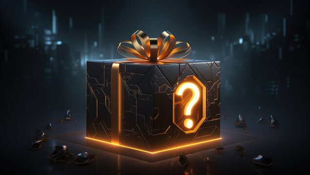 Mysterious gift box with question marks and golden bow on dark background with bokeh lights.