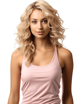 Blond woman wearing simple pink summer tank top. Clothing mockup cutout, isolated on transparent background, no background.