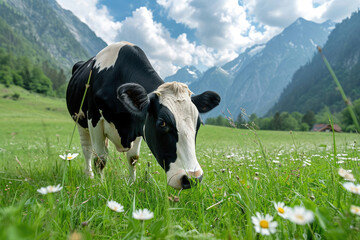 A Holstein cow grazes in an alpine meadow against the backdrop of beautiful mountains