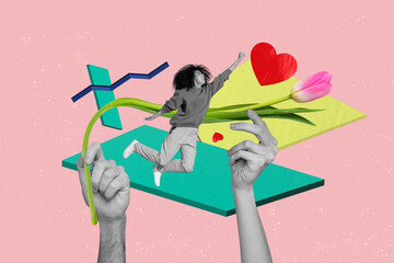 Photo collage of funny young girl love when someone surprises her with international women day take tulips isolated on pink background