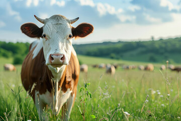 Brown cow grazing in a meadow with pasture in the background, copy space - obrazy, fototapety, plakaty