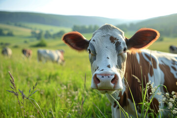 Brown cow grazing in a meadow with pasture in the background, copy space