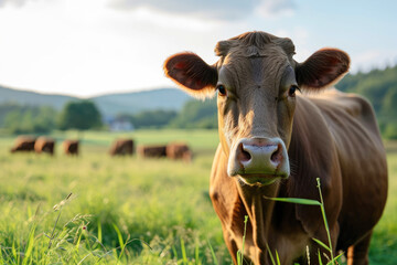 Brown cow grazing in a meadow with pasture in the background, copy space