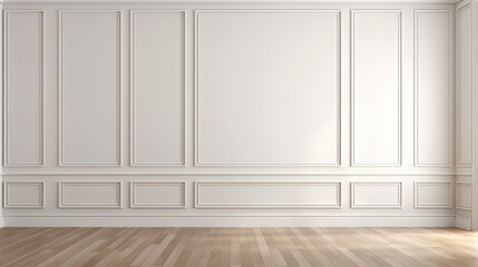 Naklejka premium Blank Canvas: White Paneled Wall and Wooden Planks in Empty Room