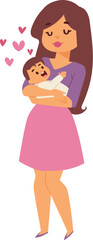 Mother holding her baby with love and care, both smiling. A young woman showing affection to her child. Motherhood and family bond vector illustration.