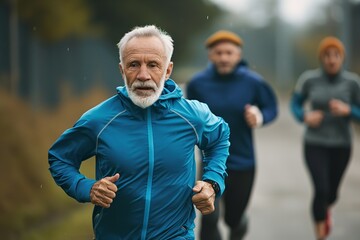 Portrait of elderly people running with friends in park, Generative AI.