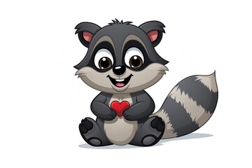 Cute pretty raccoon baby with red heart for birthday gift or valentine's day greeting card