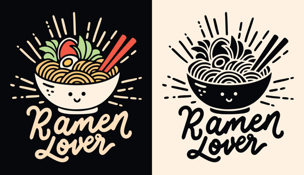 Naklejki Ramen lover lettering poster. Cute kawaii ramen noodles bowl minimalist illustration. Retro vintage printable drawing. Japanese food smiley face aesthetic quotes for t-shirt design and print vector.