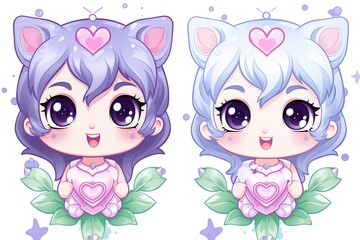 Fototapeta premium Two cute pretty anime girl twins greeting card