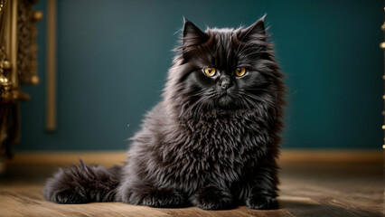 Beauty of a Black Persian Cat playing on a spotless floor with a solid color background showcase the cat's graceful movements and the contrast between its sleek fur and the smooth background.