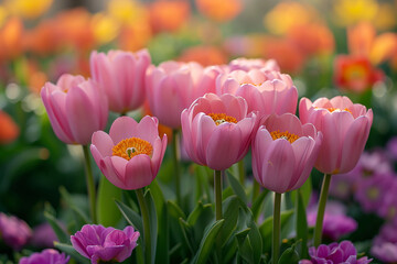 Closeup view on beautiful multicolored flowers in spring garden