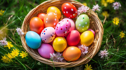 Fototapeta na wymiar Wicker basket of Easter eggs painted in bright colors in a meadow