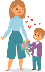Young boy giving flowers to smiling woman. Child showing love and appreciation with bouquet. Mother's Day celebration and family affection vector illustration.