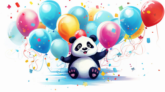 Celebration Panda: Cute Cartoon with Air Balloons for Festive Events