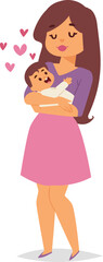 Mother lovingly holding her baby with care and affection. Young woman cradling a happy infant surrounded by hearts. Motherhood and love concept vector illustration.