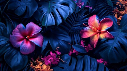 photorealistic Y2K aesthetic exotic flowers and tropical leaves opulent pattern, neon lighting, HDR