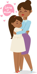 Mother and daughter embracing with love, young African descent girl hugs her mom, both smiling. Mother's Day celebration, family affection and tenderness vector illustration.