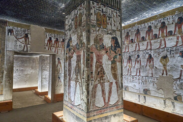 King Seti tomb at the Valley of Kings .Luxor . Egypt. Hieroglyphics in King Seti tomb.wall reliefs showing the Book of Gates in the Tomb of Seti I at Valley of Kings .Luxor . Egypt .