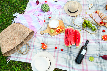 Picnic with white wine on green grass