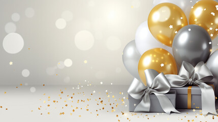 Golden Moments: Gift and Metallic Balloons on Glittering Background