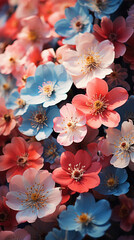 Colorful flowers background. Pink, blue and white flowers close up.
