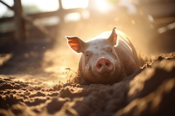 sunlight catching pig in mud - obrazy, fototapety, plakaty