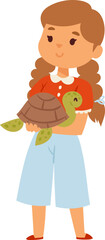 Young girl with brown hair holding a turtle and apple, wearing red sweater and blue pants. Child caring for pet, healthy snack concept vector illustration.