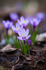 Beautiful crocus flowers in the forest. Early spring. Europe.