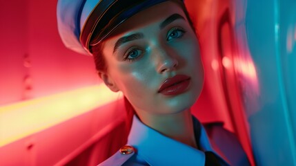 Portrait of a young woman in a pilot dress under neon light, Generative AI. - obrazy, fototapety, plakaty