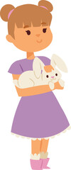 Young girl holding a white rabbit, cute child in a purple dress with pet, happy childhood and pet care concept vector illustration