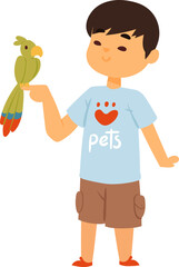 Young Asian boy smiling, holding a green parrot on his finger. Happy child with pet bird, casual clothes. Cute kid enjoying his pet, love for animals vector illustration.