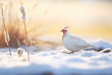 frosty morning with ptarmigan in snow field