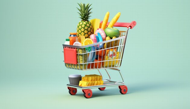 3d rendering shopping cart with different products  isolated on flat background. 