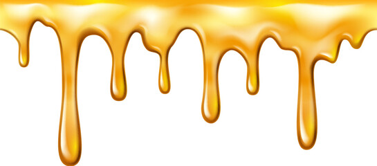 Sweet sticky honey dripping and melting, isolated amber essence or fluid drops. Vector maple syrup or caramel topping flowing with droplets, oily substance - obrazy, fototapety, plakaty