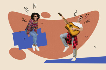 Horizontal photo collage picture of two overjoyed people couple lovers man play guitar woman listen...
