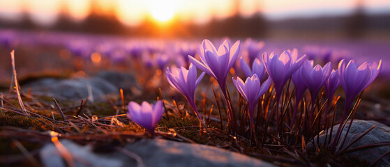 Purple crocus flowers at sunset. Early spring.