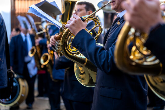 Wind instrument music band making music on the street.