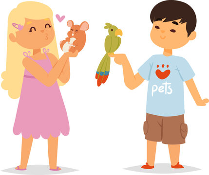 Girl lovingly holding a mouse, boy happily showing a parrot. Kids with pet animals showing affection vector illustration.