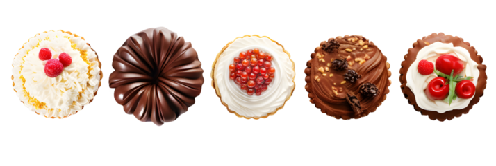 Variety of Christmas holiday desserts and sweets. Above view table scene over a transparent background. Bundt cake, chocolate pie, mincemeat tarts, cookies, fudge