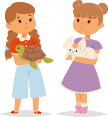 Two young girls holding pets, one with a turtle and the other with a rabbit. Happy children with animals vector illustration.