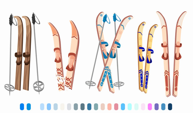 Set of skis, ski poles in different positions. Isolated vector image on white background. Color icons. Flat illustrations with shadows. Concept for site, app, game, sports business advertising