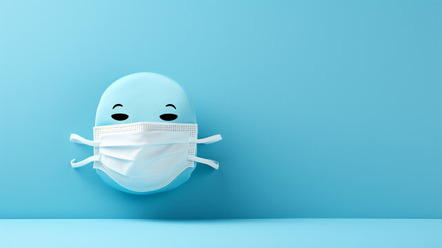 funny cartoon medical mask on blue background, hospital background with copy space