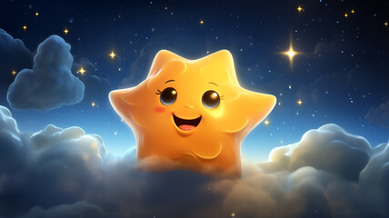 funny cartoon golden star with a smile and eyes on the background of the night sky illustration for children good night baby