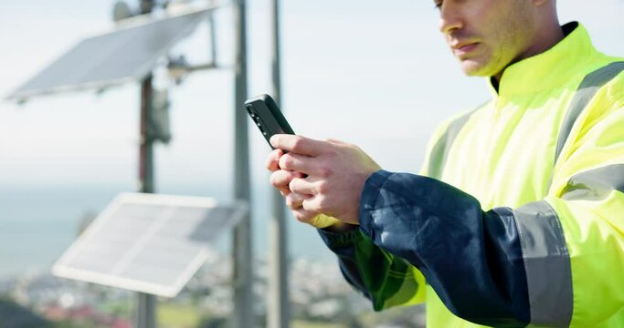 Man, phone and hands typing for engineering communication, social media or solar panel research on rooftop. Closeup of person, contractor or technician on mobile smartphone for online networking