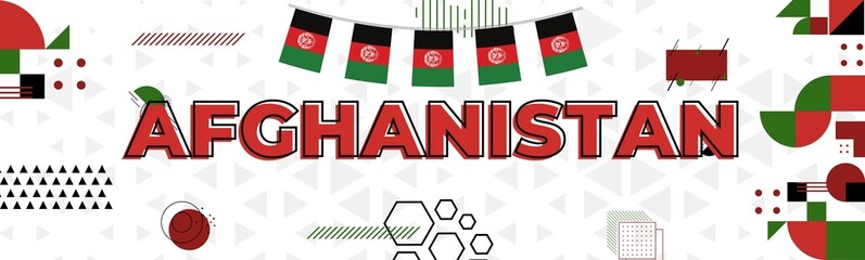 The Afghanistan Independence Day abstract banner design with flag and map. Flag color theme geometric pattern retro modern Illustration design. Red, green, and Black color template.
