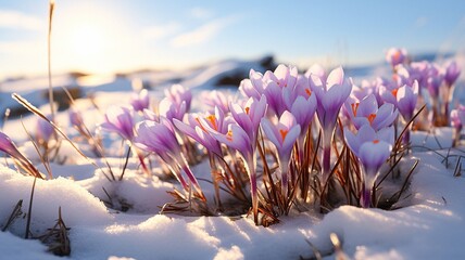Beautiful blue crocus flowers on white snow. The first snowdrops bloom in spring. Close-up. Top...
