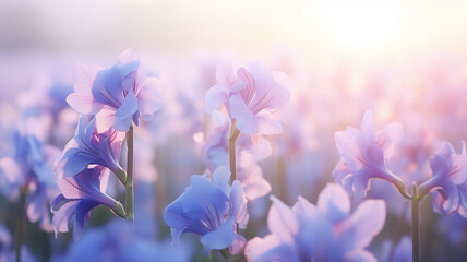 delicate soft pastel blue flowers in the morning mist, light blue irises on a wild field in the pink tones of spring